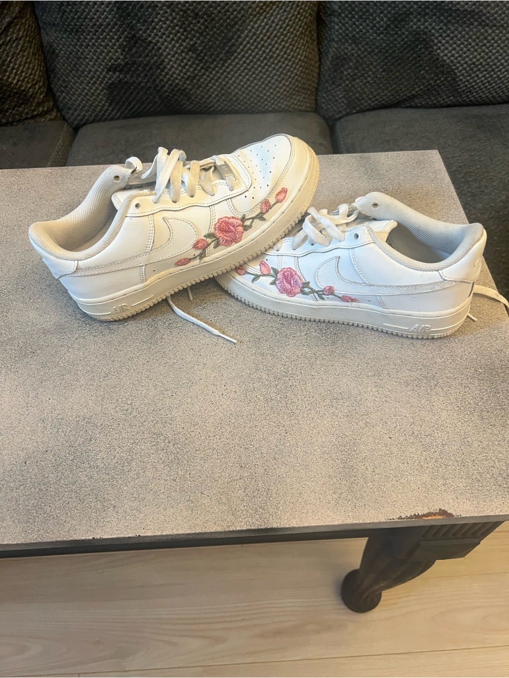 Nike White Sneakers with Pink Rose Embroidery
